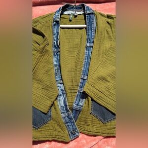 Olive Green Women's duster with Denim Trim